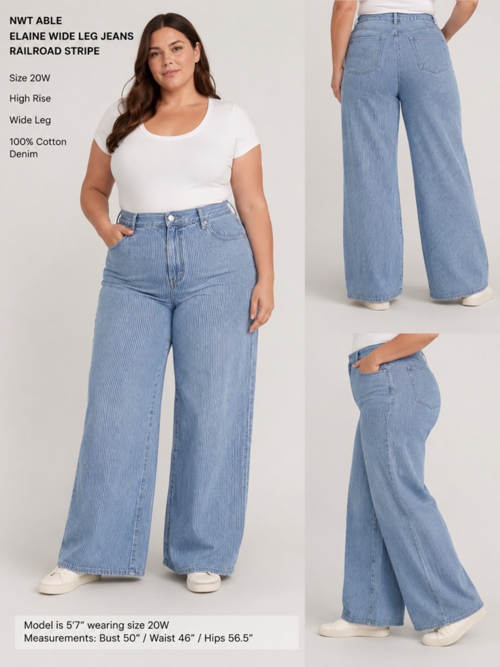 NWT ABLE Elaine Wide Leg Jeans 20W Railroad Stripe High Rise